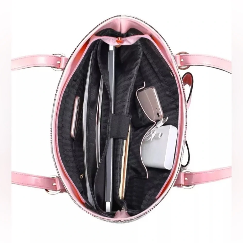 Plaid Tote Laptop Bag with Pale Pink Bow Accent